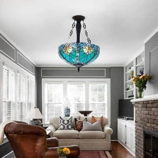 Tiffany Pendant Light Fixture 16'' 3-Light Stained Glass Chandelier Hanging Lamp