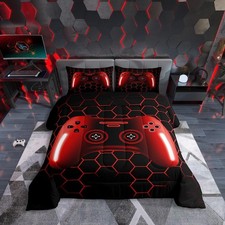Twin Bed Comforter Sets for Boys Kids Red Gaming Bedding Set Cool Gamer Beddi...