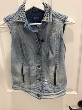 GUESS Studded Collar Denim Vest Light Wash Distressed Jean Jacket XS