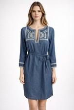 LOFT Dress Blue S Small NWT Embroidered Shift W Belt Cotton Washable NWT NEW