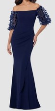 Xscape Women's Blue Off-The-Shoulder Floral-Sleeve Gown Dress Size 16
