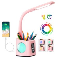 LED Desk Lamp with Clock,Color Changing Nightlight,Study Lamp with Pen Holder...