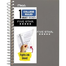Five Star Spiral Notebook, 1 Subject, College Ruled Paper, 100 Sheets, 7" x 5"