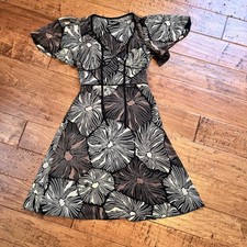 Betsey Johnson Dress Women’s US2 Black Silver Floral 100% Silk Flutter Sleeve 