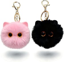 2 Pcs Black Cat Keychains Cute Pom Pom Keychain Plush Cat Bag Charms Car Key