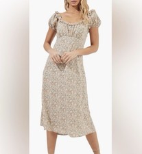 ASTR The Label Cream Milkmaid Ditsy Floral Ruffle Puff Sleeve Midi Dress XS