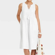 Universal Thread Linen Blend White Tassel Midi Dress Pocket Sleeveless Large NEW