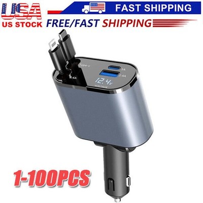R etractable Car Charger 4 in 1 Fast Car P hone Charger 120W With USB Type C LOT