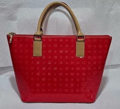 Y2K ARCADIA Red Italian Embossed Patent Leather Handbag Purse With Tan Handles