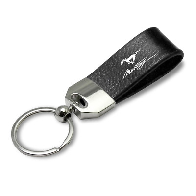 Ford Mustang Script Large Genuine Black Leather Loop Strap Key Chain Keyring