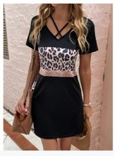 NEW Shein Black Color Block Leopard Print Tunic Dress Short Sleeve Large