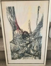VINTAGE MERVIN JULES 'SERENADE' BOY GUITARIST COLOR WOODCUT SIGNED ERROR 23.5"