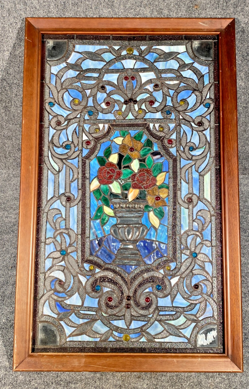 VINTAGE LARGE STAINED GLASS TALL Flower  38" x 23" ~ Framed