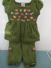  P3 Girls Green 2 Piece Smocked Outfit Flower Embroidery 2T