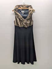 Joseph Ribkoff Dress Size 12 Black Gold Sleevless Bow Stretch Party Evening