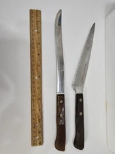 (2) Vintage Flint Stainless Vanadium USA Bread Knife + Carving Blade Wood Handle