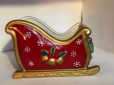 Fitz and Floyd Festive Bells Ceramic Christmas Sleigh Planter with Floral Arrangement — listing 5