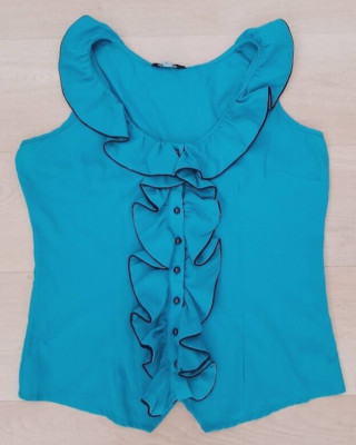 Dimri Womens Button Down Blouse Green Black Trim Sleeveless Scoop Neck Ruffles S