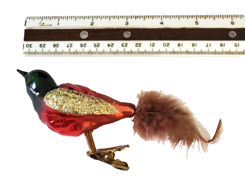 VTG THREE Glass Metalic Glitter Feather Tails Black Red Birds Clip on Ornament - Picture 6 of 7