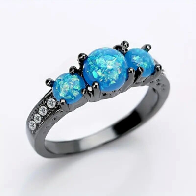 Princess Cut Blue Lab Opal Black Titanium Ring Band Sizes 5 - 11 Free Gift Box