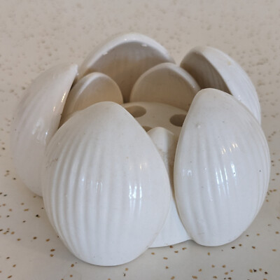 Vintage Flower Frog Ceramic White Shells or Pedals Unbranded 4.5 Inch 6 Hole