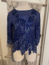 Vintage Swee Lo Silk Sequin Blouse Women  s Medium 70s Disco Party Top Blue