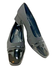 VANELi Womens Black Fabric Patent Leather Cap Toe Low Heel Slip On Pump SZ 6.5 M