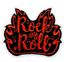 ROCK n ROLL with FLAMES - RED/BLACK- Embroidered Iron-On/ Sew-On Patch