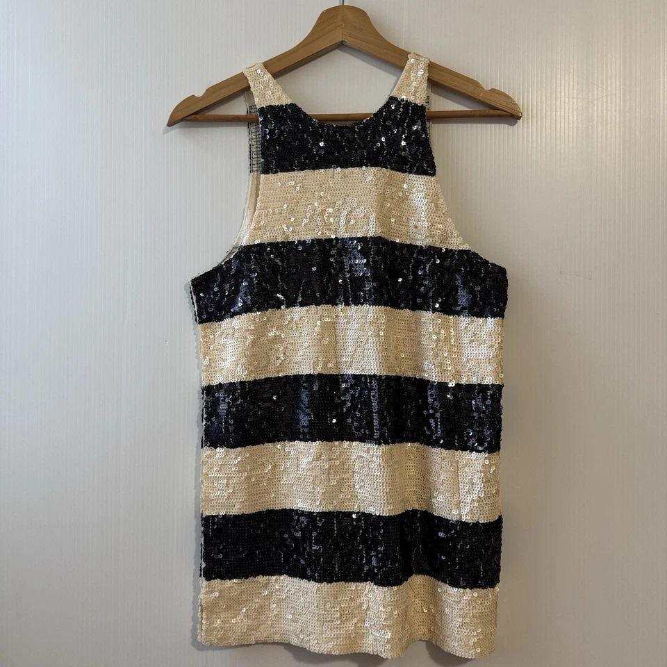 J. CREW COLLECTION Sequins Tank Top Cotton Sz XS Striped Ivory Black Women’s - Image 2 of 4