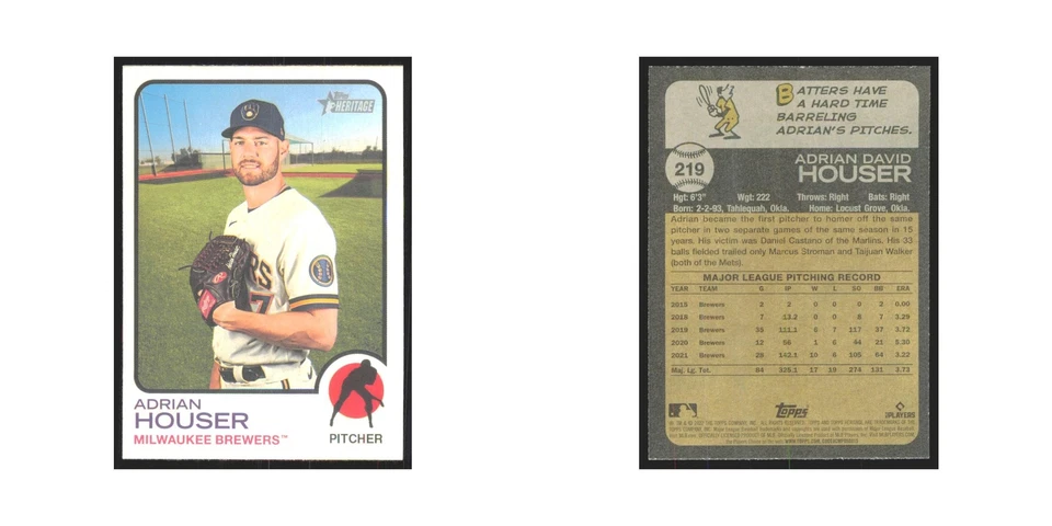 2022 Topps Heritage Adrian Houser Brewers #219 - Image 3 of 3