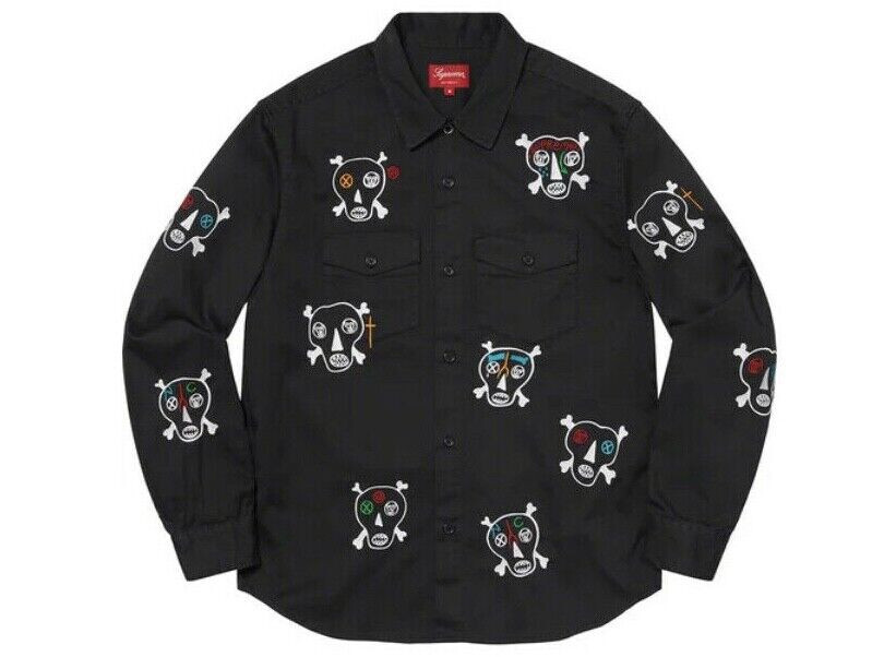 トップス Supreme Clayton Patterson skulls shirt l Supreme Clayton Patterson skulls embroidered work shirt Size