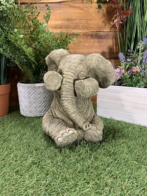 STEINGARTEN NIEDLICH SCHÜCHTERN SITZENDER BABY ELEFANT GESCHENK STATUE ORNAMENT