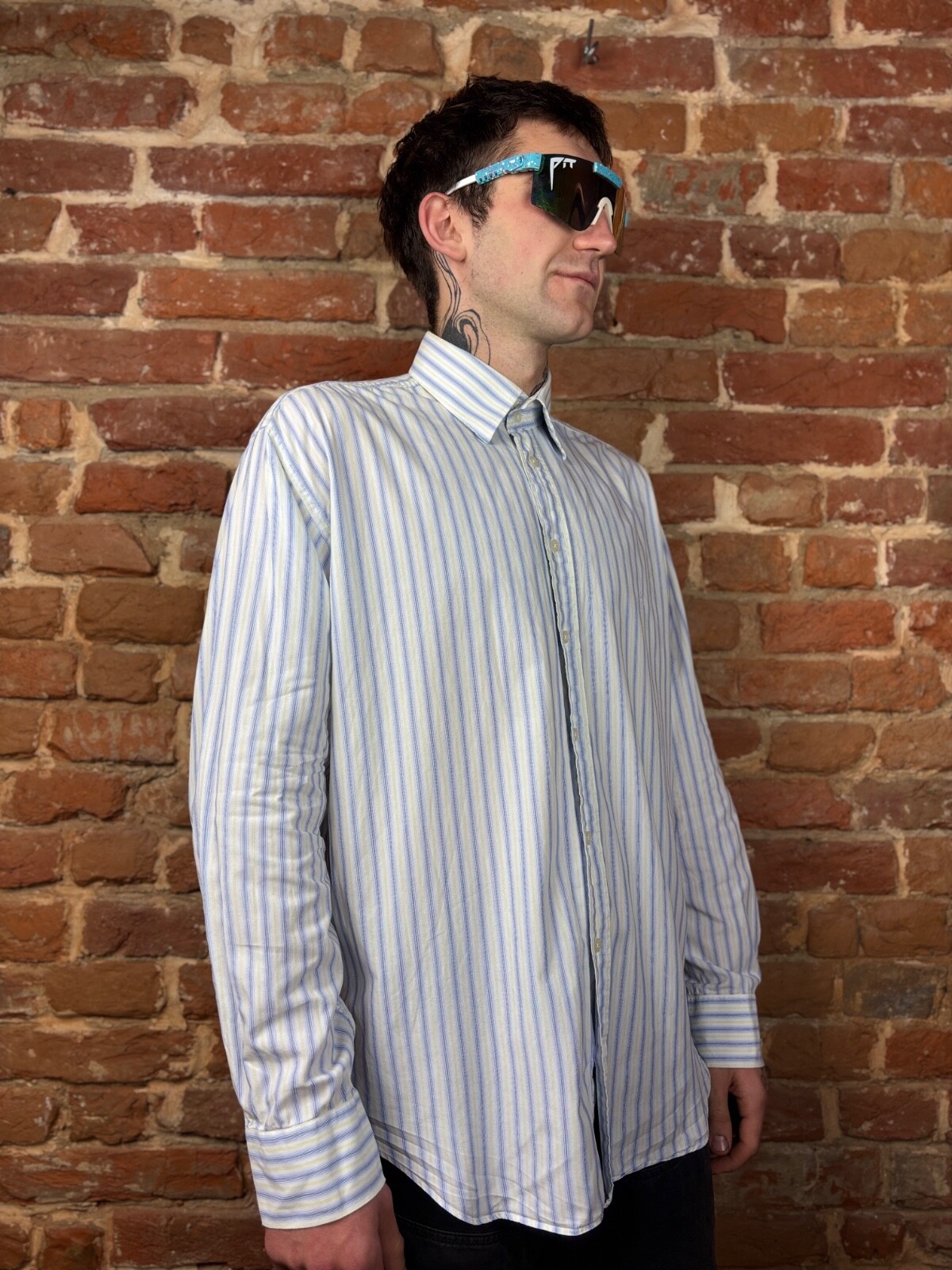 Camicia YSL Yves Saint Laurent uomo logo bianco blu bottoni check taglia XL