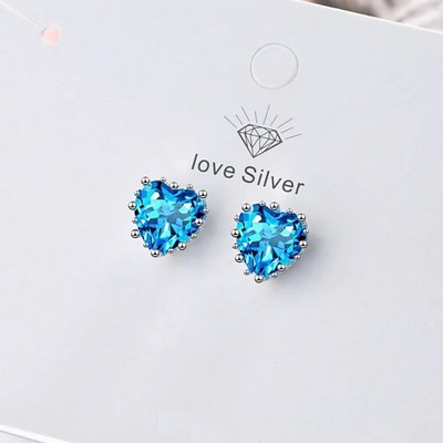 925 Sterling Silber Herz Blau Zirkon Ohrstecker Damen Party Ohrring Schmuck