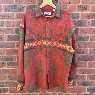 Orvis Herren XL Southwestern Flanellhemd Heavy Cotton Aztec Geometric Terracotta