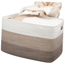 118L Extra Large Blanket Basket, Rectangle Woven Cotton Rope Gradient Brown