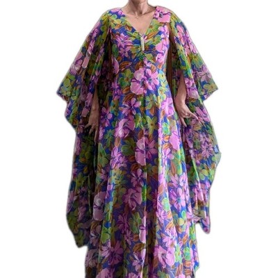 Vintage 70s Angel Sleeve Fairy Hippie Formal Floral Print Maxi Dress Unique  Rare | eBay