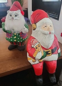 Silvestri Papier Mache VTG Santa Shelf Sitter & Cat Santa Handpainted Thailand