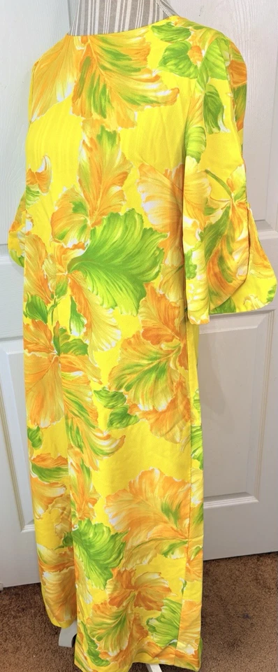 VTG 60s 70s Liberty House Hawaii Polynesian Yellow Floral Hostess Maxi Dress MED - Image 3 of 4