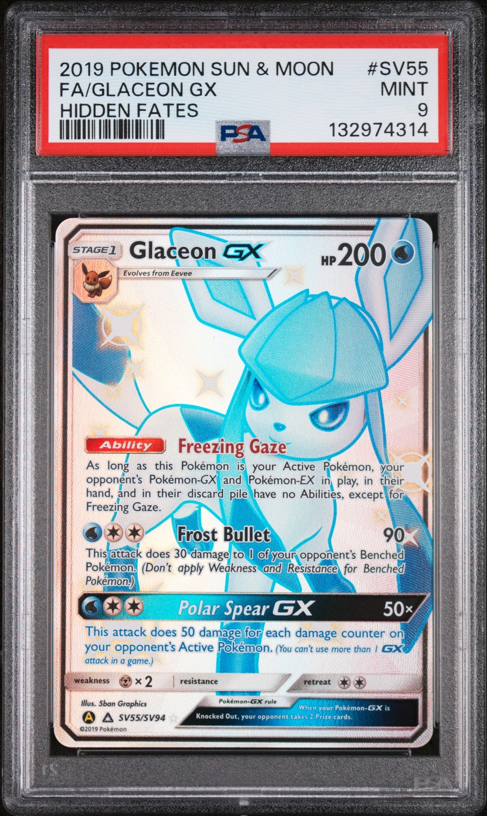 2019 POKEMON SUN & MOON HIDDEN FATES #SV55 FULL ART/GLACEON GX PSA 9