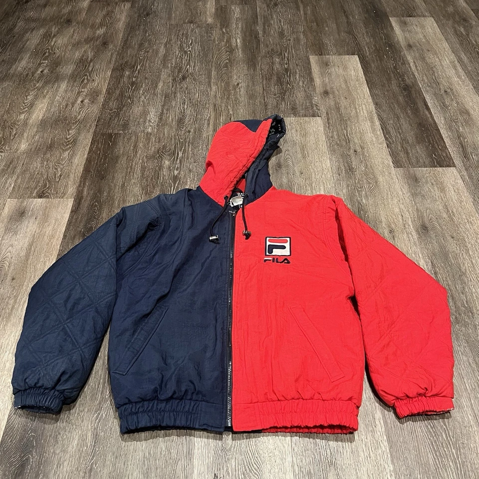 复古 FILA Puffer 夹克男式 XL 90 年代嘻哈说唱蓝色红色全拉链 Y2K — 第 2/4 张图片