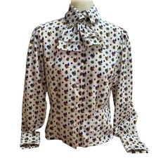 Vintage 80s Birds Bow Clause Blouse Womens Long Sleeve Button Down  Top
