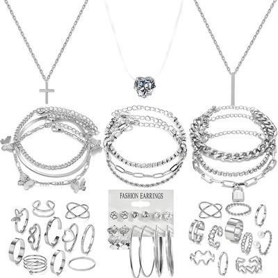 Silvery Plated Jewelry Sets for Women Fashion Costume Jewelry Necklace Bracelet