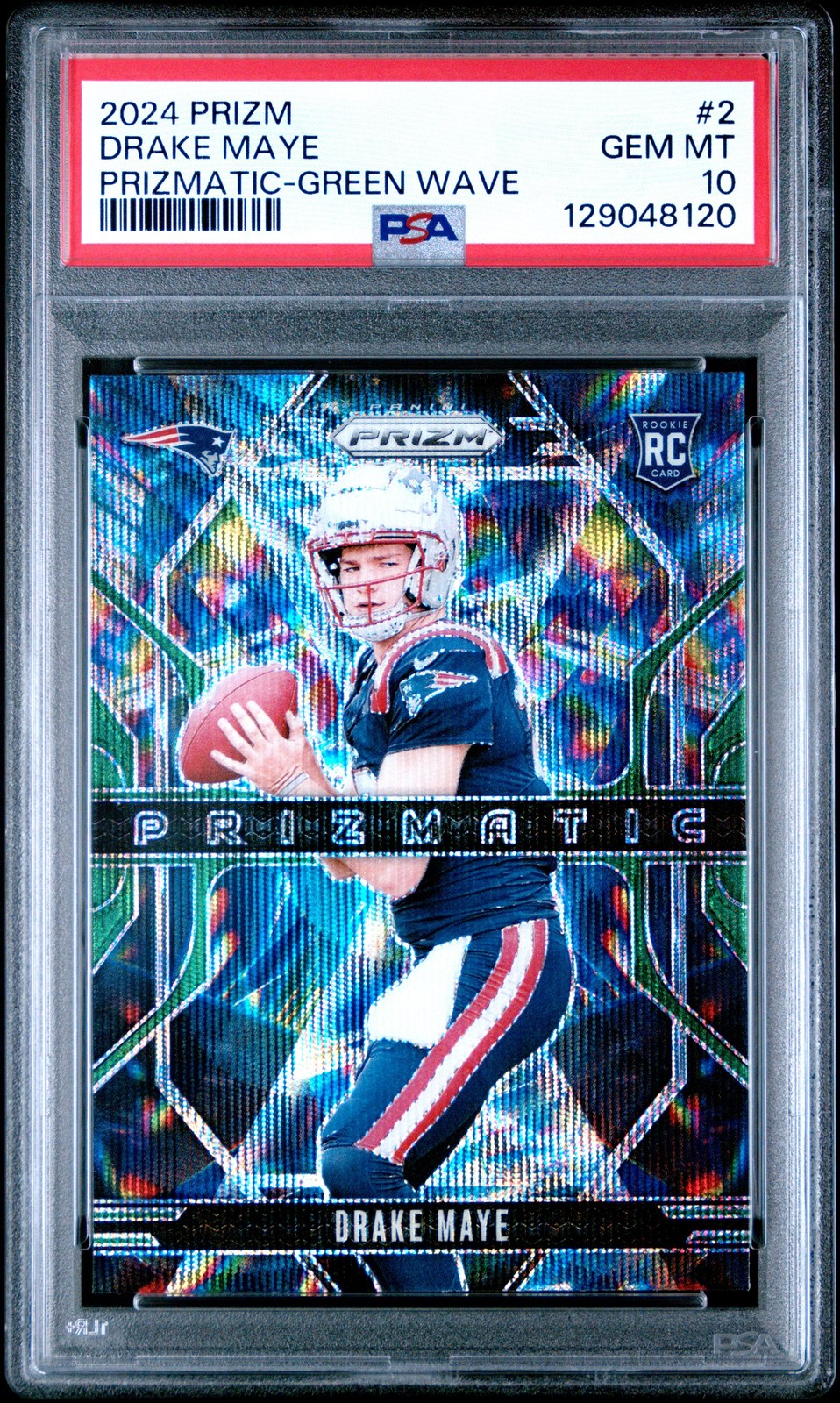 Drake Maye Patriots 2024 Panini Prizm Green Wave Prizmatic Rookie Card PSA 10