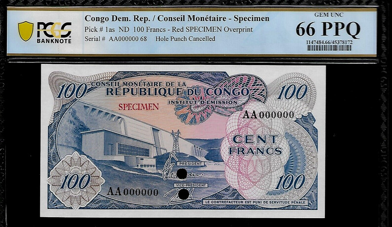 Congo Dem. Republic Specimen 100 Francs 1962 PCGS 66 PPQ UNC P#1as Series AA