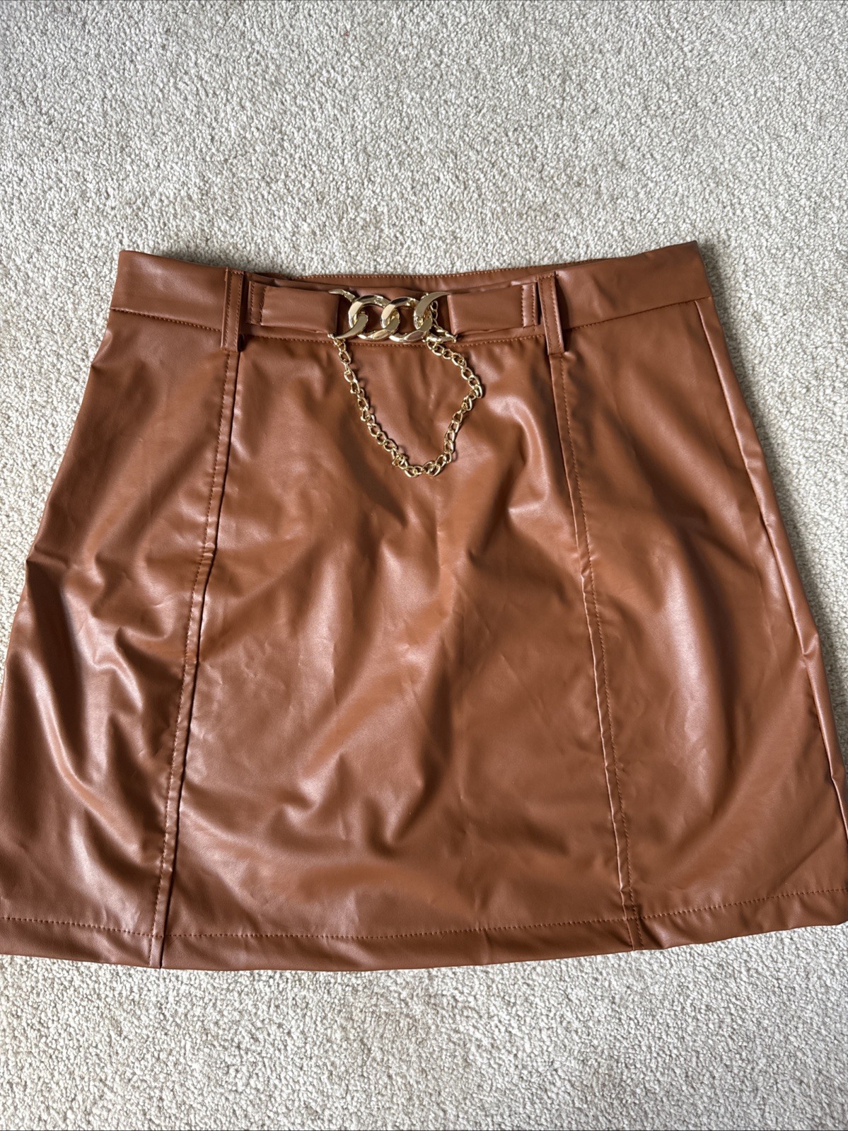 Ladies Lightweight Brown Faux Leather Mini Skirt Size L