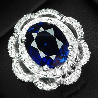 Superbe bague florale en argent sterling 925 saphir bleu royal de 4,12 carats... - Photo 1/4