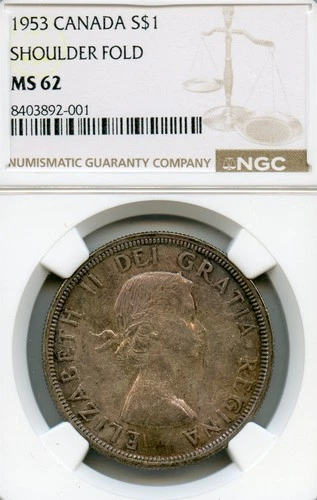 CANADA SILVER DOLLAR 1953 MS-62 NGC SHOULDER FOLD NICELY TONED