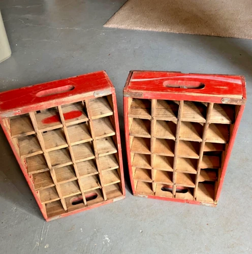 Pair of Vintage Red Wooden Coca Cola COKE  Divided 24 Bottle Crate Carrier Cases
