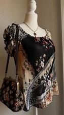 Patchwork Floral Pleated Blouse Sheer Ruffle ...